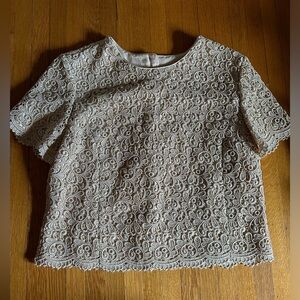 Vtg Talbots Gold Lace Overlay Button Back Dressy Short Sleeve Top, Sz 10 P